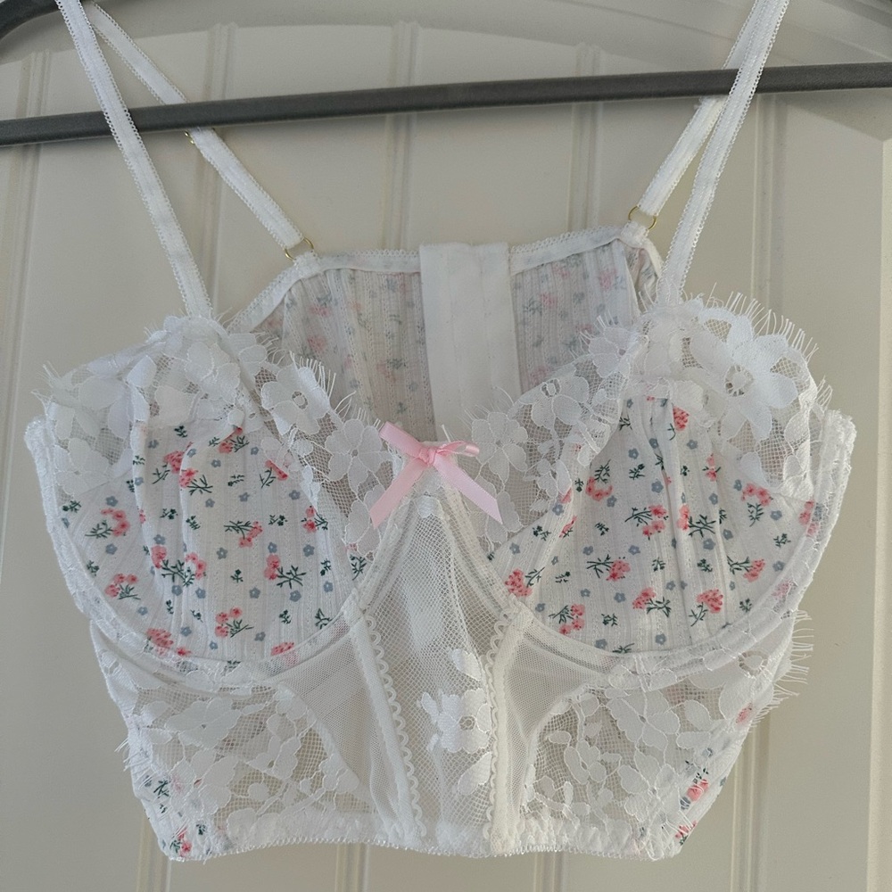 Floral Lace Bralette - White and Pink